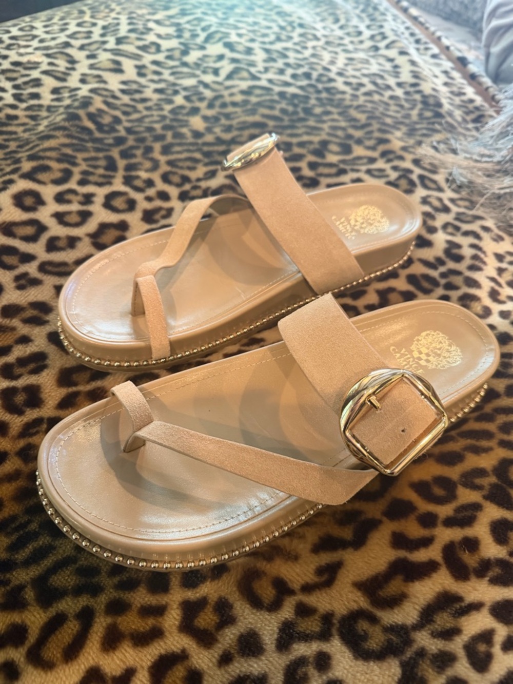Vince Camuto Nude Beige Buckle Toe-Ring Slide Sandals